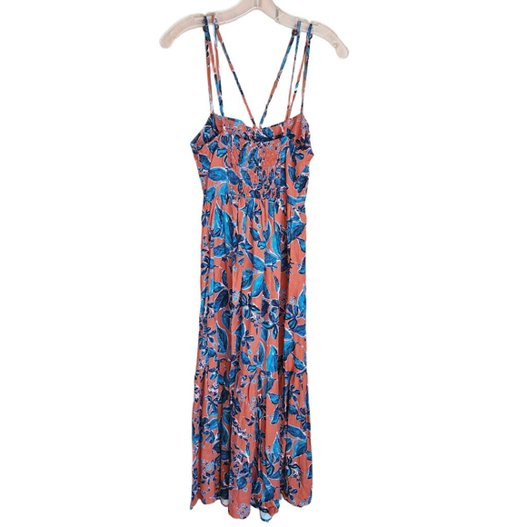 JASON WU Linen Blend Tropical Floral Midi Dress Burnt Orange Teal XS - Picture 3 of 5